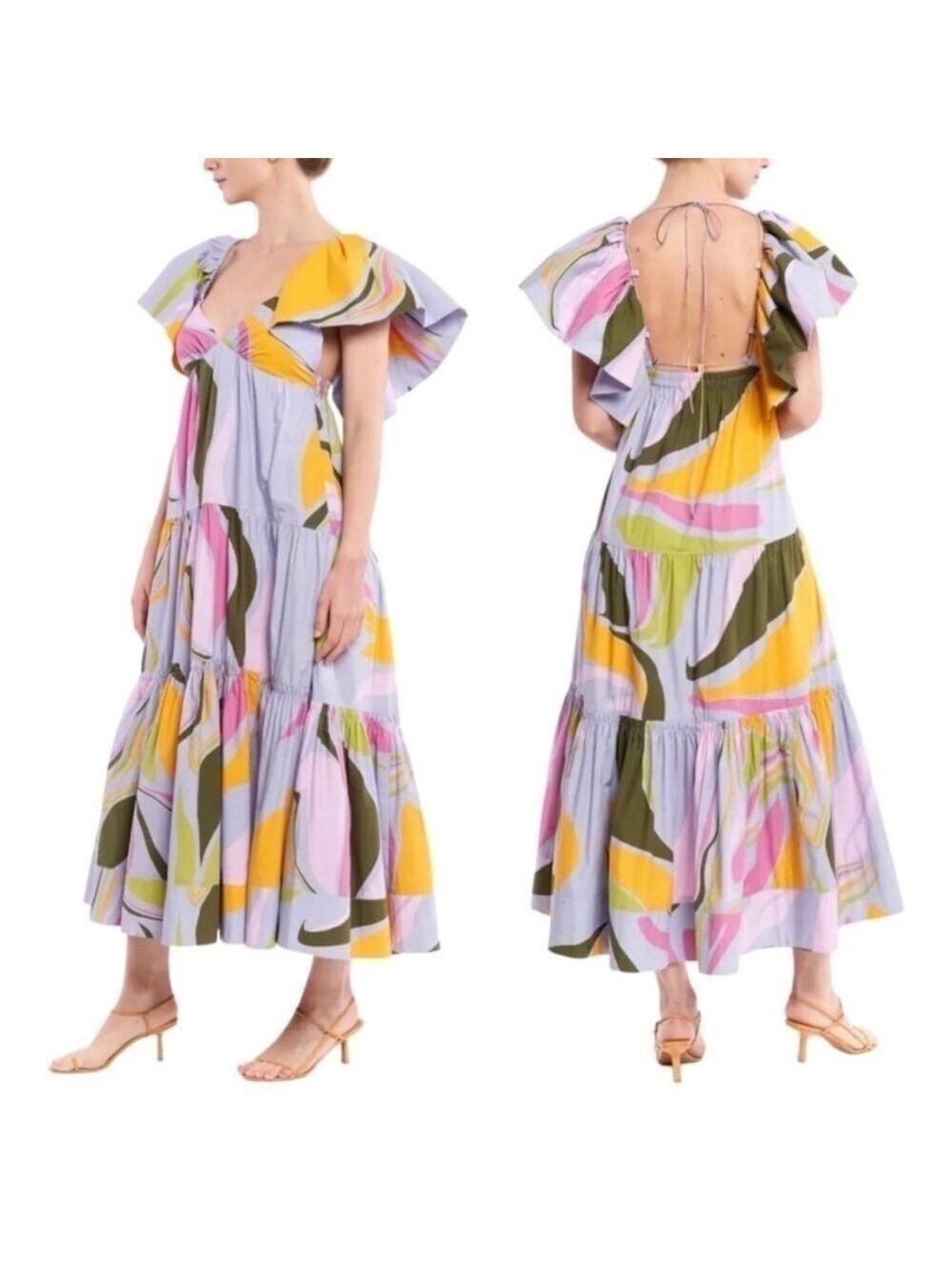 NWT LA LIGNE Stella Flutter Sleeve Tiered Ruffle Maxi Dress in Lavender Size M
